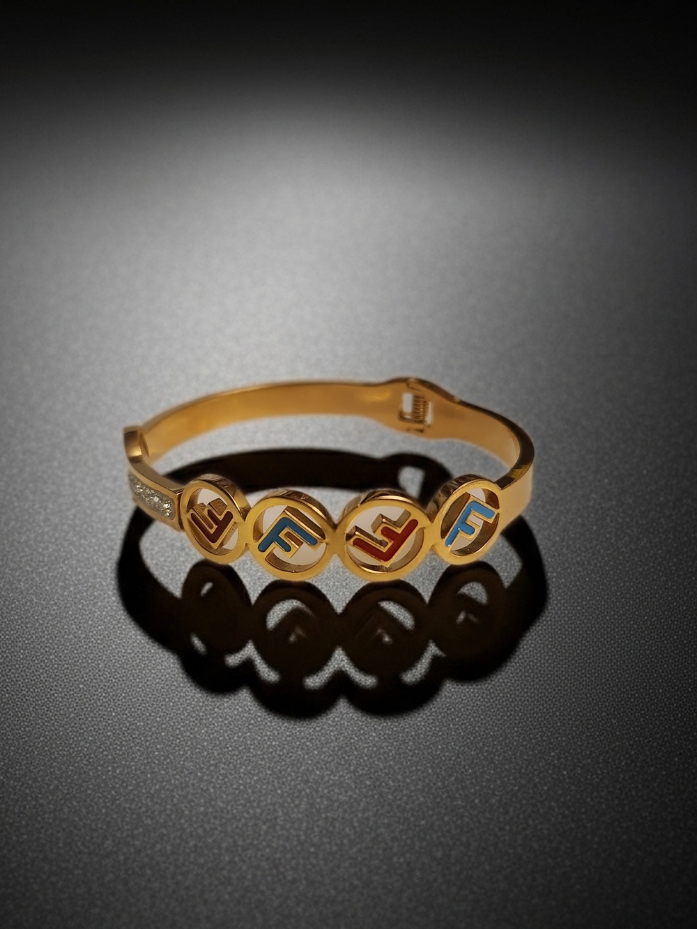 Fendi Gold-Tone Enamel Logo Circle Bangle with Red and Blue Accents